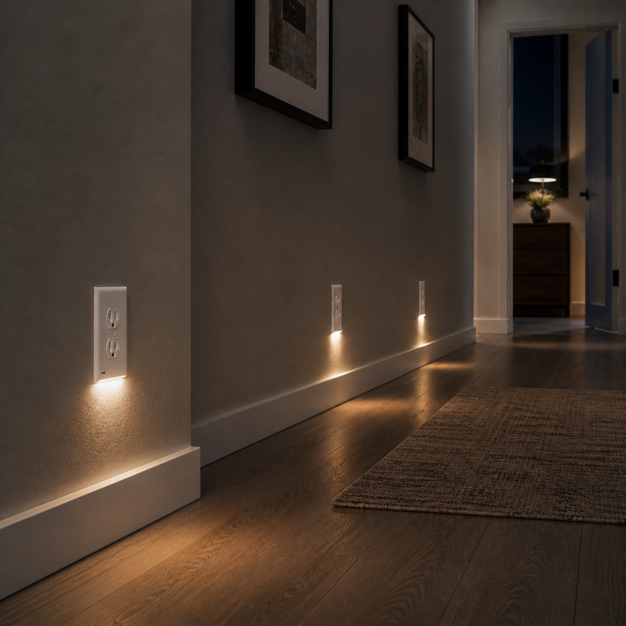 Three GuideLights glowing along a dark hallway