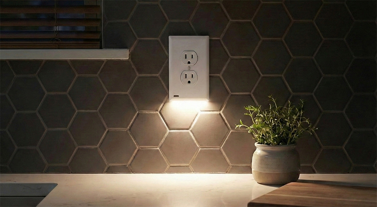 Installed GuideLight glowing on a tile backsplash